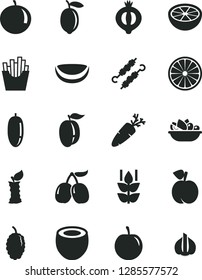 Solid Black Vector Icon Set - a plate of fruit vector, meat on skewers, carrot, French fries, mint, peach, half medlar, mulberry, tasty cornels, date, tangerine, ripe plum, lemon, orange, grapefruit