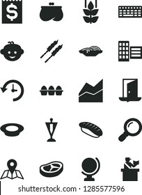 Solid Black Vector Icon Set - line chart vector, children's hairdo, city block, map, globe, bundle of eggs, slices onion, a plate milk, bacon, barbecue, japanese sushi, mint, financial item, purse