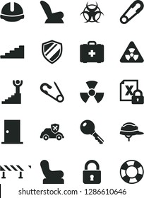 Solid Black Vector Icon Set - Baby chair vector, car child seat, safety pin, open, medical bag, ntrance door, construction helmet, road fence, lock, key, autopilot, encrypting, nuclear, biohazard