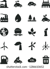 Solid Black Vector Icon Set - drop vector, apple stub, leaves, gas station, windmill, wind energy, manufacture, factory, forest, industrial building, eco car, environmentally friendly transport, CO2