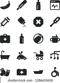 Solid Black Vector Icon Set - mark of injury vector, toys over the cradle, mug for feeding, bottle, measuring, baby powder, carriage, electronic thermometer e, mercury, bath ball, warm socks, banana