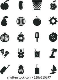 Solid Black Vector Icon Set - wicker pot vector, a glass of soda, popsicle, strawberries, mint, ripe peach, half pomegranate, pear, water melon, date fruit, loquat, tasty plum, guawa, pineapple, sun