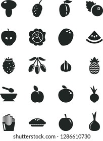 Solid Black Vector Icon Set - deep plate with a spoon vector, mushroom, pie, beet, fried potato slices, blueberries, apple, squash, tasty, raspberry, mulberry, goji berry, ripe plum, delicious