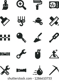 Solid Black Vector Icon Set - paint roller vector, zoom, electronic thermometer e, winch hook, big core, garden trolley, trowel, small tools, plastic brush, construction level, building, putty knife