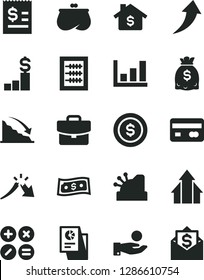 Solid Black Vector Icon Set - new abacus vector, suitcase, math actions, reverse side of a bank card, recession, crisis, article on the dollar, catch coin, purse, dollars, statistical research