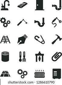 Solid Black Vector Icon Set - open pin vector, iron fork spoons, ladder, siphon, sewerage, ntrance door, paving slab, kitchen faucet, hammer with claw, clip, tin, welding, gas, aluminum radiator