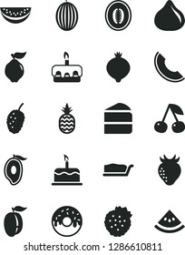 Solid Black Vector Icon Set - cake vector, piece of, slice, torte, glazed with a hole, strawberries, pineapple, cherry, quince, strawberry, fig, medlar, tasty mulberry, melon, half mango, water