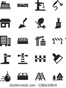Solid Black Vector Icon Set - tower crane vector, big core, building trowel, concrete mixer, wooden paint brush, ladder, level, buildings, ceramic tiles, brick, block, putty knife, road fence, kiosk