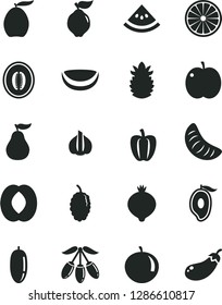 Solid Black Vector Icon Set - apple vector, quince, medlar, mulberry, half of mango, loquat, goji berry, peach, melon, date fruit, tangerine, slice, orange, piece coconut, ripe pineapple, guava