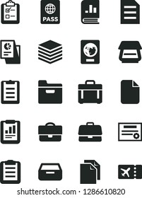 Solid Black Vector Icon Set - clean paper vector, case, passport, pile, folder, drawer, survey, portfolio, briefcase, statistical report, book on statistics, research, scanner, file, clipboard