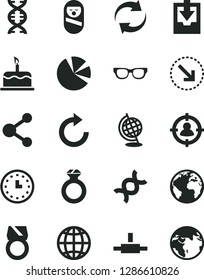 Solid Black Vector Icon Set - sign of the planet vector, renewal, clockwise, download archive data, roly poly doll, earth, cake, right bottom arrow, connection, man in sight, pie charts, wall watch