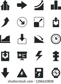 Solid Black Vector Icon Set - lightning vector, danger of electricity, downward direction, right, bar chart, upload archive data, download, dangers, expand picture, move down, bottom arrow, arrows