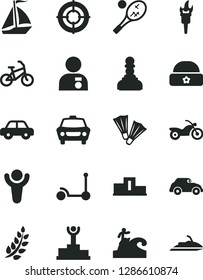 Solid Black Vector Icon Set - motor vehicle vector, Kick scooter, warm hat, car, retro, flame torch, winner, laurel branch, pedestal, podium, pawn, man with medal, aim, sail boat, bike, motorcycle