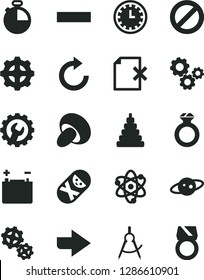 Solid Black Vector Icon Set - prohibition vector, clock face, right direction, minus, clockwise, stacking toy, tumbler, gear, timer, delete page, porcini, accumulator, gears, scribed compasses, atom