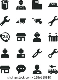 Solid Black Vector Icon Set - repair key vector, builder, workman, building trolley, speech, 24, operator, modern gas station, battery, pipes, steel, kiosk, stall, urgent cargo, taxi, transfer