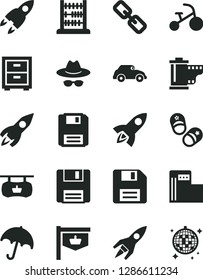 Solid Black Vector Icon Set - floppy disk vector, spectacles, hat with glasses, camera roll, bedside table, tricycle, child shoes, abacus, umbrella, modern gas station, retro car, vintage sign