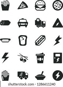 Solid Black Vector Icon Set - lightning vector, dangers, car, delivery, sausage, pizza, piece of, Hot Dog, mini, big burger, a bowl buckwheat porridge, French fries, fried potato slices, coffe to go