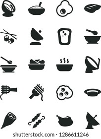 Solid Black Vector Icon Set - deep plate with a spoon vector, plates and spoons, spaghetti, noodles, bowl of rice porridge, hot, lettuce in, chicken, grill leg, chop, meat on skewers, fried egg