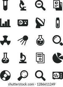 Solid Black Vector Icon Set - magnifier vector, zoom out, negative histogram, artificial satellite, round flask, radiation, dish, ring diagram, pie charts, statistical research, test tube