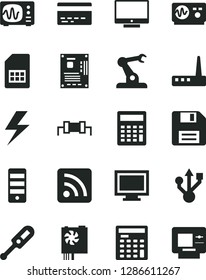 Solid Black Vector Icon Set - lightning vector, floppy disk, monitor window, bank card, calculator, rss feed, electronic thermometer e, screen, assembly robot, SIM, engineer, pc power supply, tower