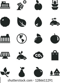 Solid Black Vector Icon Set - drop vector, cabbage, apple, pear, mint, tangerine, yellow lemon, delicious, big solar panel, leaves, leaf, planet Earth, hydroelectric station, hydroelectricity, bag