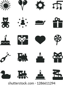 Solid Black Vector Icon Set - heart symbol vector, toys over the cradle, rubber duck, teddy bear, baby toy train, children's, colored air balloons, cake, birthday, gift, slice, lollipop, giftbox