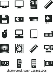 Solid Black Vector Icon Set - floppy disk vector, monitor, screen, processor, computer, tablet pc, radiator fan, mouse, keyboard, power supply, tower, motherboard, memory, card