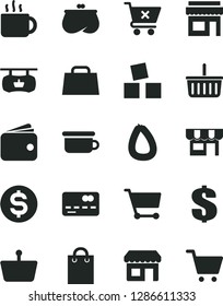 Solid Black Vector Icon Set - grocery basket vector, dollar, children's potty, cubes for children, crossed cart, kiosk, stick of sausage, cup tea, shopping, antique advertising signboard, wallet