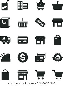 Solid Black Vector Icon Set - paper bag vector, grocery basket, e, city block, cart, put in, with handles, cards, kiosk, stall, shopping, reverse side of a bank card, dollar, Express delivery, store
