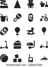 Solid Black Vector Icon Set - beanbag vector, bath ball, stacking toy, roly poly doll, tumbler, phone, sand set, children's, small teddy bear, rocking horse, cubes for children, balloon, air