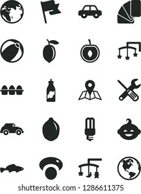 Solid Black Vector Icon Set - toys over the cradle vector, cot, baby bath ball, motor vehicle, funny hairdo, small tools, sample of colour, map, flag, bundle eggs, fish, liquor, half cherry, lemon