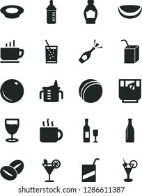 Solid Black Vector Icon Set - measuring cup for feeding vector, bottle, bath ball, e, packing of juice with a straw, coffee, plate milk, beans, tea, glass soda, cocktail, orange, piece coconut, wine