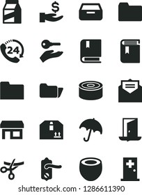 Solid Black Vector Icon Set - folder vector, book, e, door knob, received letter, umbrella, drawer, cardboard box, 24, package, canned goods, half of coconut, stall, get a wage, arm with key, exit
