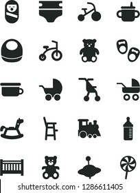 Solid Black Vector Icon Set - baby cot vector, mug for feeding, measuring bottle, diaper, bib, stroller, carriage, sitting, roly poly doll, children's potty, a chair child, teddy bear, small, train