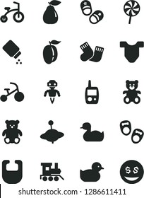 Solid Black Vector Icon Set - baby powder vector, bib, Child T shirt, rubber duck, duckling, warm socks, toy mobile phone, teddy bear, small, train, yule, bicycle, tricycle, lollipop, pear, robot