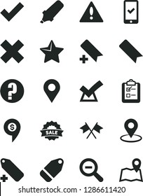 Solid Black Vector Icon Set - warning vector, add bookmark, zoom out, check mark, cross, label, question, star, survey, location, geolocation, text highlighter, sale, flags, confirm, dollar pin, map