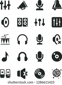 Solid Black Vector Icon Set - bell vector, desktop microphone, horn, loudspeaker, silent mode, drumroll, headphones, CD, regulator, no sound, pc speaker, note, settings, disco ball