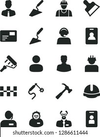 Solid Black Vector Icon Set - builder vector, trowel, building, paint roller, ceramic tiles, construction helmet, putty knife, hammer with claw, employee, pass card, gas welding, woman, man, access
