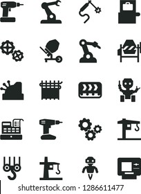 Solid Black Vector Icon Set - crane vector, winch hook, gears, concrete mixer, cordless drill, conveyor, cloth industry, tower, gas welding, robot welder, assembly, cash machine, cashbox, atm