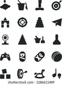 Solid Black Vector Icon Set - paper airplane vector, bath ball, stacking rings, toy, roly poly doll, tumbler, sand set, children's, yule, rocking horse, cubes for children, box of bricks, joystick