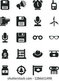 Solid Black Vector Icon Set - desktop microphone vector, floppy disk, hat, camera roll, toy mobile phone, abacus, alarm clock, jar of jam, windmill, vintage sign, antique advertising signboard