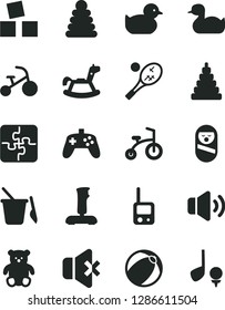 Solid Black Vector Icon Set - rubber duck vector, baby duckling, bath ball, stacking rings, toy, roly poly doll, phone, children's sand set, small teddy bear, rocking horse, cubes for children, golf