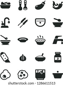 Solid Black Vector Icon Set - deep plate with a spoon vector, plates and spoons, plastic fork, sink, knife, faucet mixer, kitchen, bowl of rice porridge, in saucepan, lettuce, barbecue, chili, pan