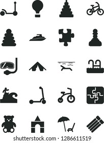 Solid Black Vector Icon Set - stacking rings vector, toy, small teddy bear, box of bricks, child bicycle, Kick scooter, Puzzle, Puzzles, pawn, air balloon, bike, tent, beach, arnchair under umbrella