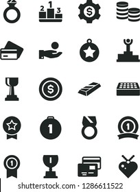 Solid Black Vector Icon Set - brick vector, cards, pedestal, coins, catch a coin, winner podium, award, gold cup, star medal, first place, with pennant, ribbon, diamond ring, bar, dollar, gear