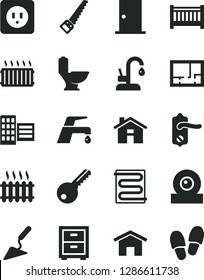 Solid Black Vector Icon Set - house vector, bedside table, baby cot, building trowel, arm saw, toilet, lay out of flat, power socket type b, key, door knob, ntrance, city block, heating coil, home