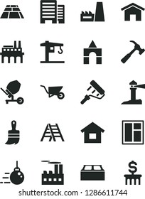 Solid Black Vector Icon Set - box of bricks vector, crane, dwelling, big core, building trolley, concrete mixer, window, paint roller, wooden brush, ladder, buildings, block, paving slab, home