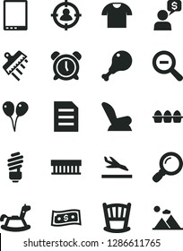 Solid Black Vector Icon Set - alarm clock vector, zoom out, cradle, car child seat, rocking horse, colored air balloons, saving light bulb, spatula, T shirt, bundle of eggs, chicken leg, tablet pc