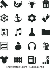 Solid Black Vector Icon Set - add bookmark vector, t short, children's tracks, cogwheel, heating coil, new radiator, music, anchor, chili, yellow lemon, scientific publication, newspaper, headphones