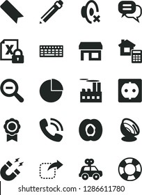 Solid Black Vector Icon Set - bookmark vector, graphite pencil, zoom out, silent mode, pie chart, motor vehicle present, estimate, move right, half apricot, power socket, industrial building, stall